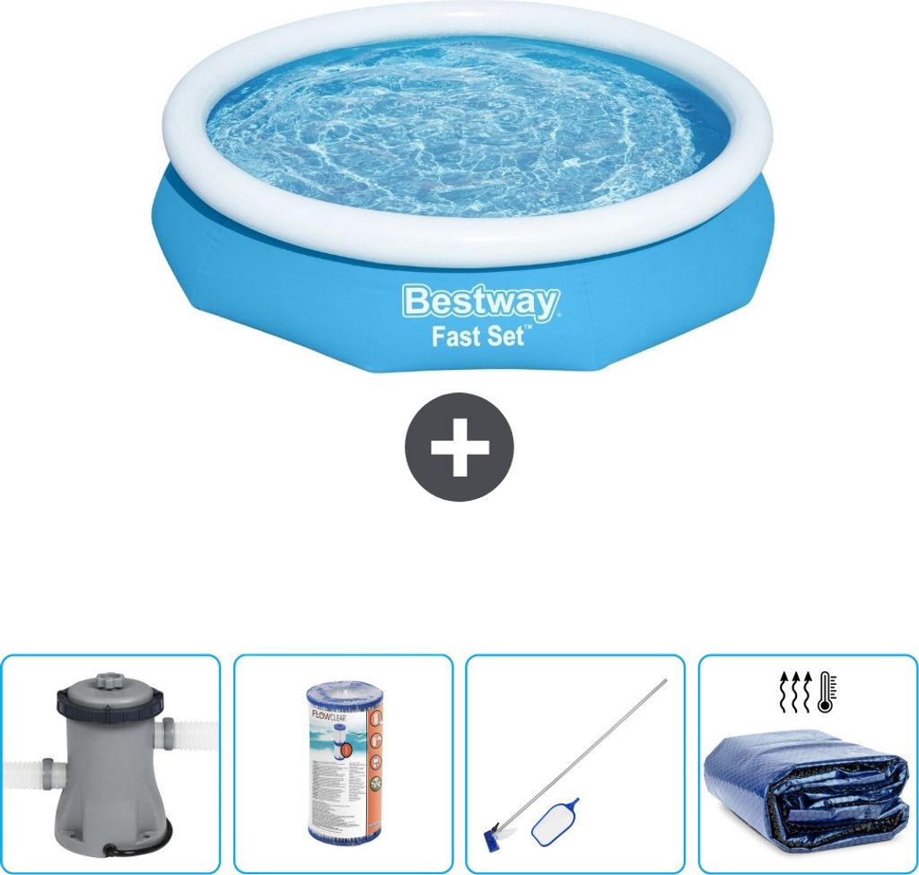 Bestway runder aufblasbarer Fast-Set-Schwimmpool – 305 x 66 cm – Blau – inklusive Pumpe Filter - Reinigungskit - Sonnensegel