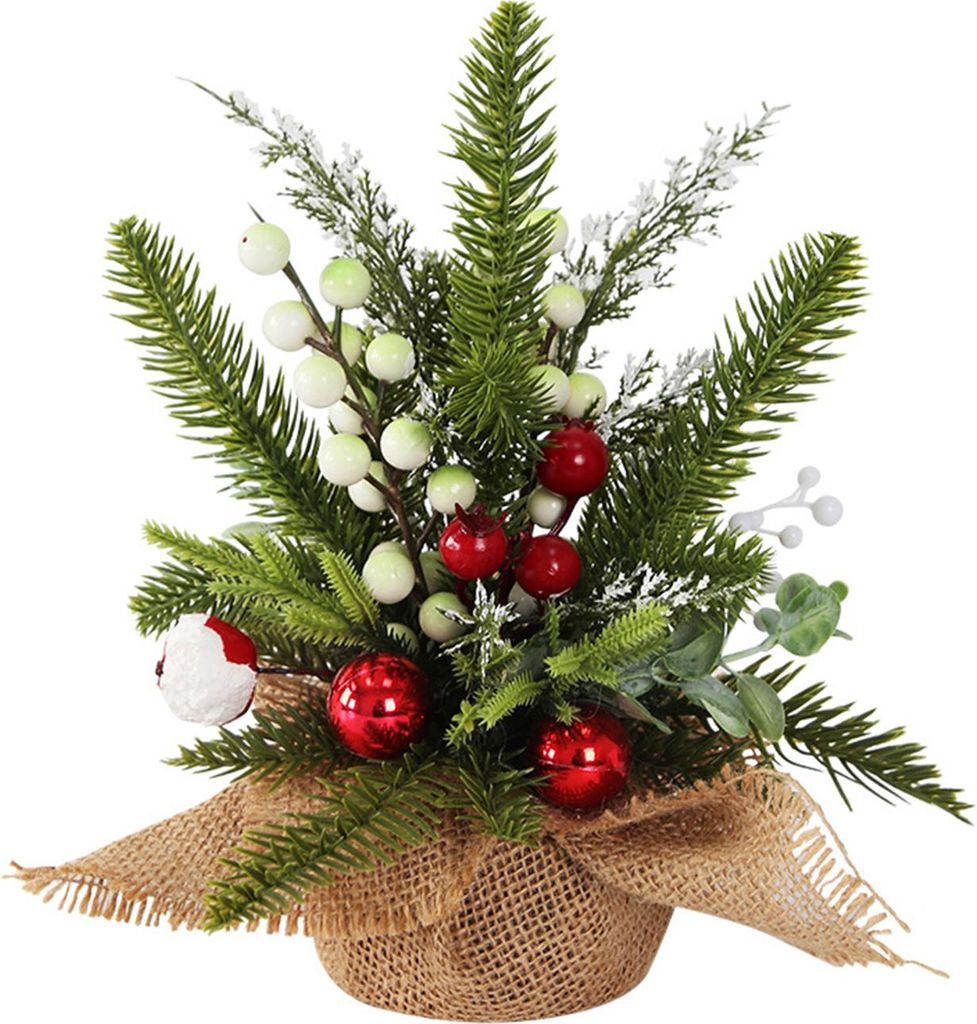 Kleine künstliche Weihnachtspflanzen mit Jute-Sockel, künstliche Kiefernzweige mit roten Beeren/Weihnachtssternen, für die winterliche Dekoratio...