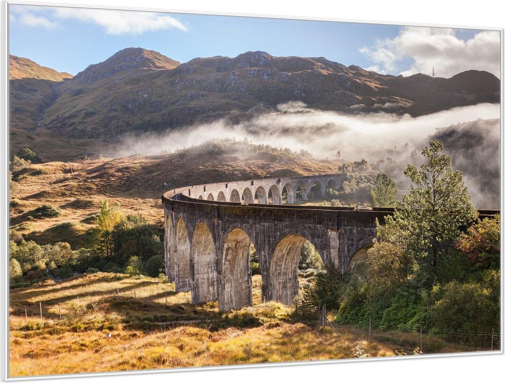 Wallario Wandbild Viadukt im Morgennebel, Größe: 61 x 91,50 cm, Poster mit weißem Aluminiumrahmen