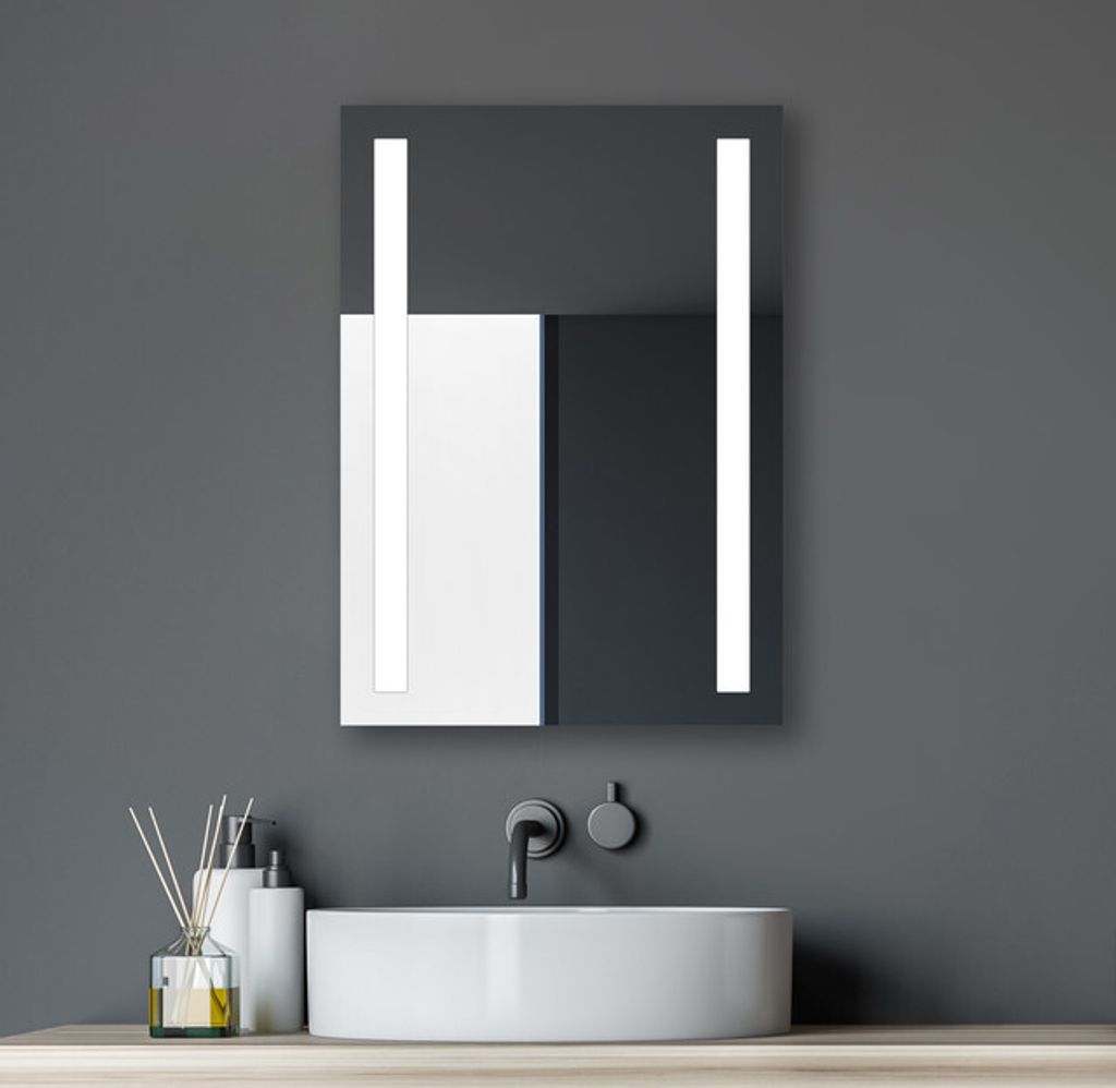 Badspiegel mit Beleuchtung Talos Light 50 x 70 cm Wandspiegel - LED Lichtausschnitte - hochwertiger Aluminiumrahmen mit Kippschalter - Lichtspiegel...