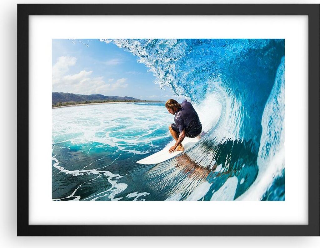 Gerahmtes Poster - Schwarzer Rahmen - Surfen Surfer Ozean Welle - 40x30 cm - Wand Bild - Wanddeko - Wandbilder - Wandposter - Bilderrahmen - Bilder...