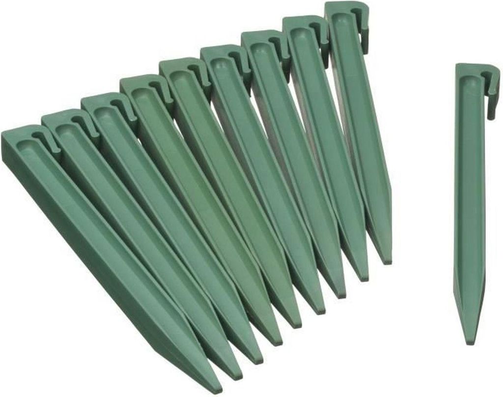 A group of green garden stakes arranged diagonally, with one stake placed separately to the right.