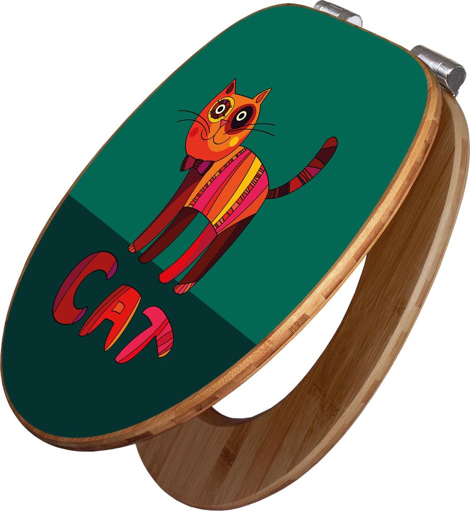 banjado Design WC Sitz Bambus Absenkautomatik -Orange Katze - Toilettendeckel mit Absenkautomatik Holz/hochwertiger Bambus Klodeckel/WC-Sitz für a...