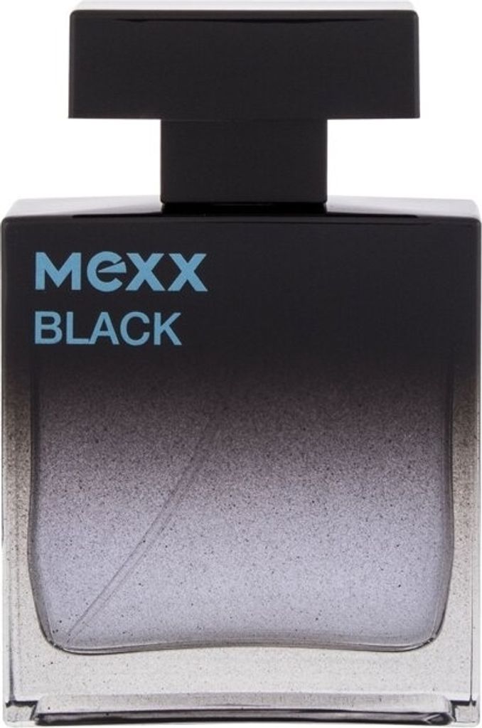 A black perfume bottle with a gradient from black to clear, and blue text.