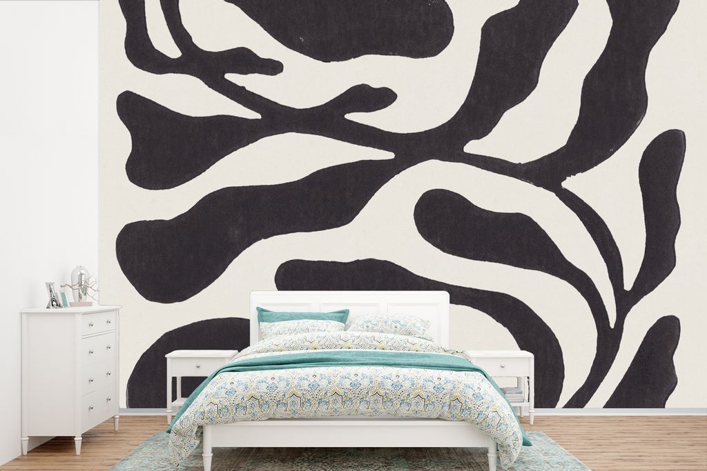 MuchoWow Fototapete für Wohnzimmer oder Schlafzimmer Wandtapete Vinyl Motivtapete Blätter - Pflanze - Pastell - Schwarz - 420x280 cm - Zimmer f...
