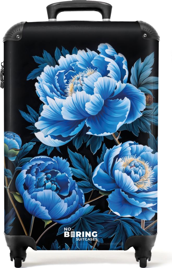 NoBoringSuitcases.com Koffer Handgepäck Trolley Rollkoffer Kleine Reisekoffer mit 4 Rollen - Schwarz mit blauen Pfingstrosen - Cabin Size < 55x4...