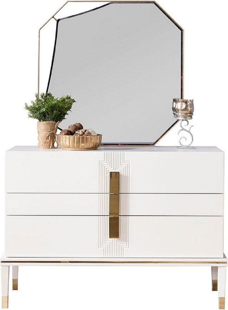 Casa Padrino Luxus Schlafzimmer Kommode mit Wandspiegel Weiß / Gold - Moderner Massivholz Schrank mit elegantem Spiegel - Luxus Schlafzimmer Möbel