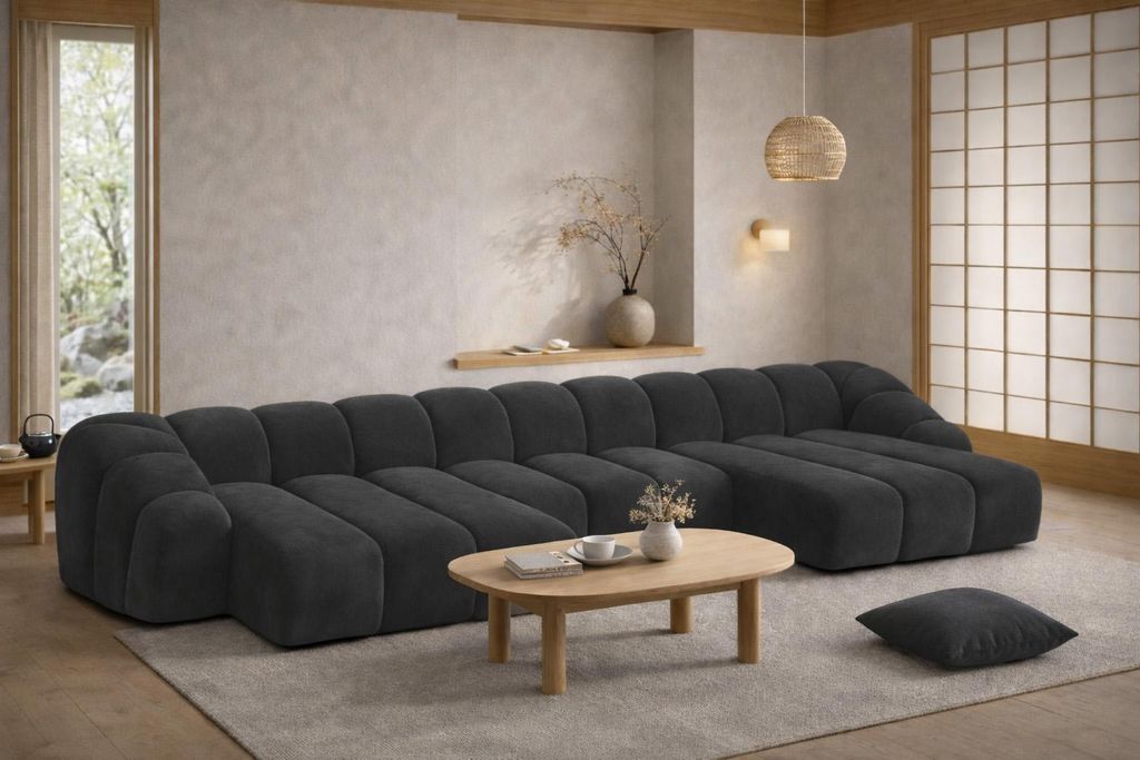 Kaiser Möbel Ecksofa Modulare U-Form, Veloursstoff Bluvel, Schwarz, CROISSANT U