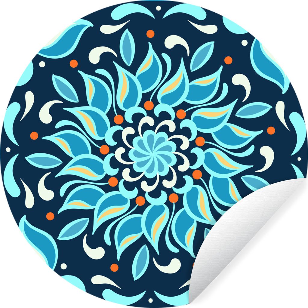 MuchoWow Runde Wandtattoo - Wandsticker Tapete Aufkleber Blume - Blau - Quadratisch - Muster Ø 50 cm Selbstklebend und Repositionierbar - Wandau...
