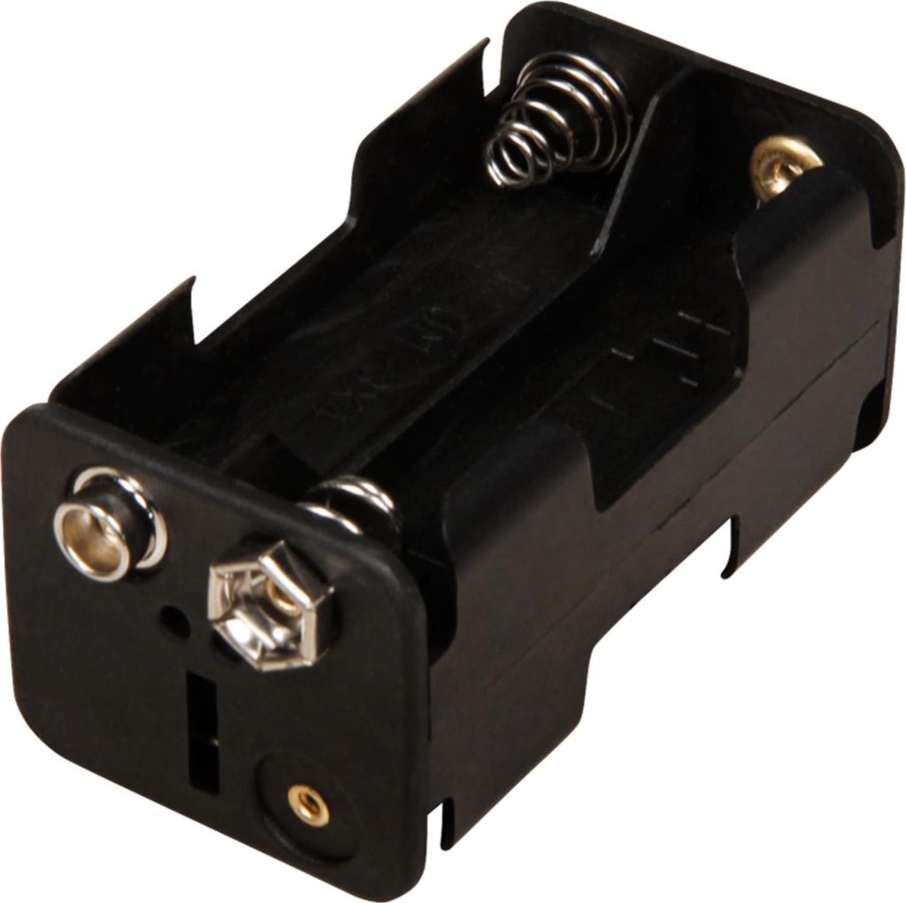 A black battery holder for AA batteries is shown against a white background.