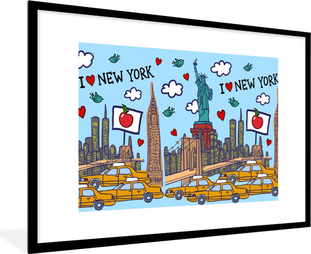 MuchoWow MuchoWow Gerahmtes Poster New York - Zeichnung - Freiheitsstatue 90x60 cm - Poster mit zchwarzem Bilderrahmen - Wanddekoration - Fotos
