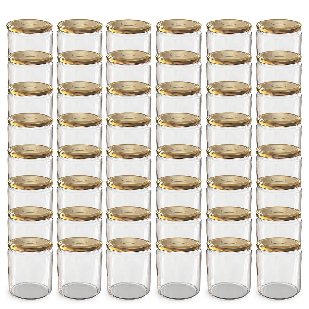 A grid of clear glass jars with gold lids.