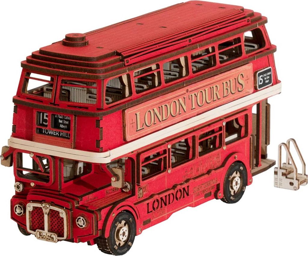 A 3D wooden model of a red London double-decker tour bus.