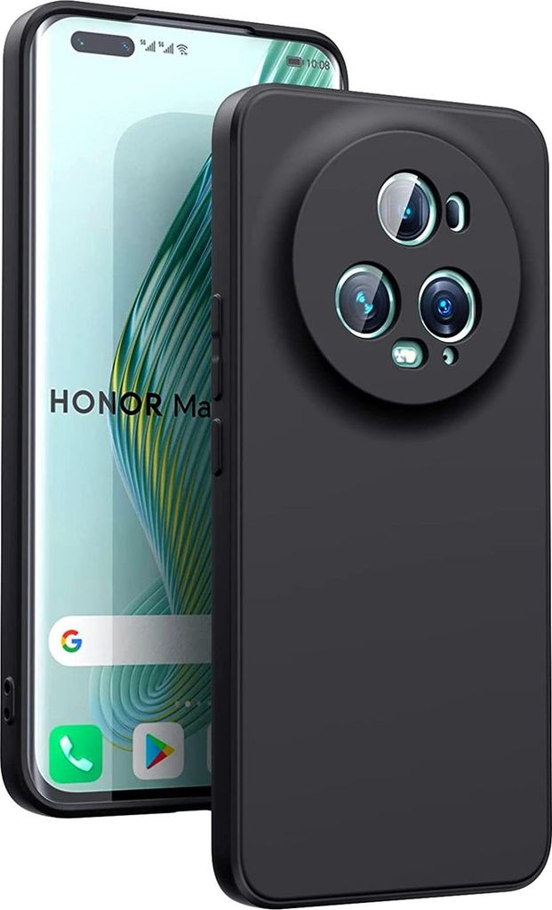 A black silicone phone case is shown next to a smartphone.