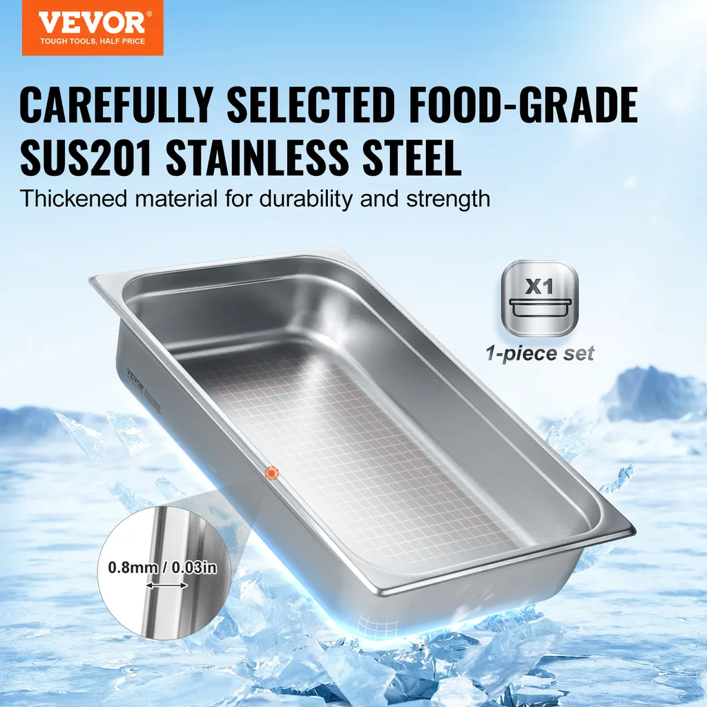 Padella per hotel VEVOR, padella a vapore di dimensioni standard con funzione anti-inceppamento, padella a vapore in acciaio inox da 0,8 mm di spessore per ristoranti, padella da tavolo commerciale profonda 4 pollici, padella per catering per la conservazione degli alimenti, per l'industria e la scienza - 2