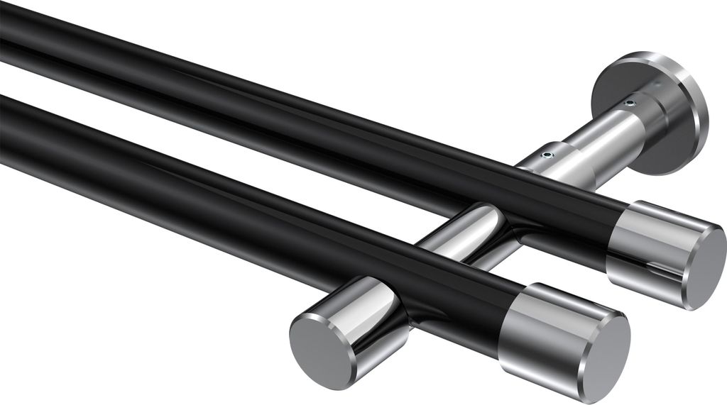Interdeco Gardinenstange / Vorhangstange Schwarz / Chrom, Typ Prestige Santo (Kappe) ohne Ringe, 20 mm Ø 2-läufig, 240 cm