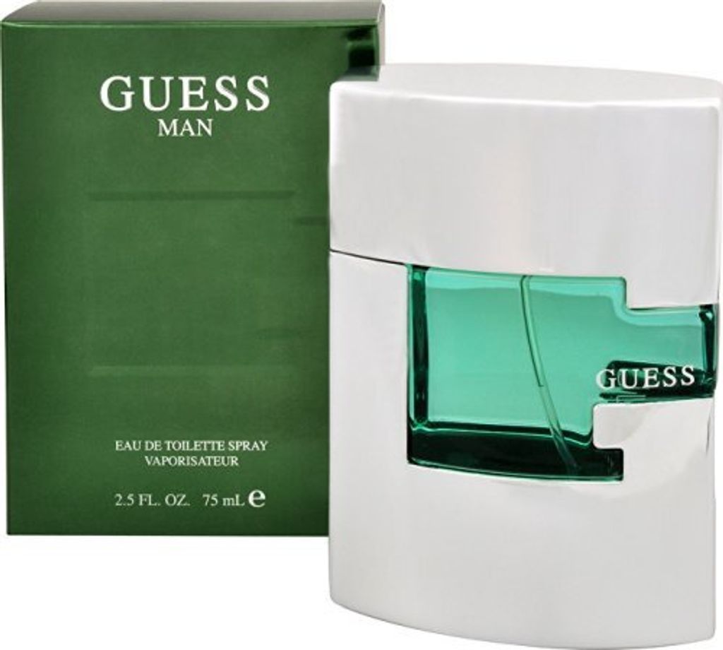 A green box and a white and green bottle of Guess Man Eau de Toilette.