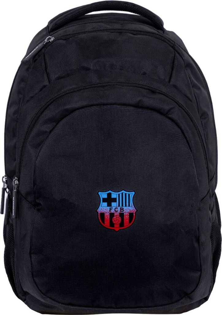 A black backpack with the FC Barcelona logo on the front.