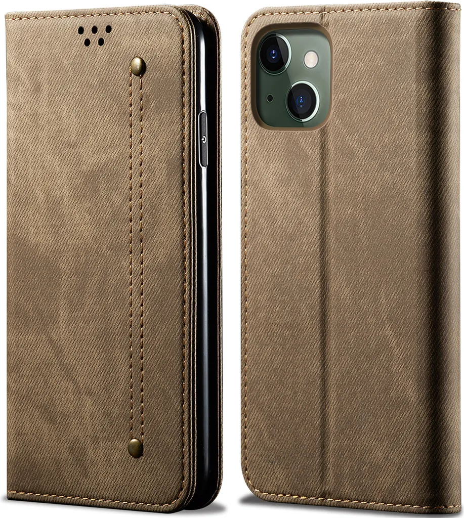 Custodia iPhone 14 Portafoglio Pelle Khaki con Supporto e Magnete