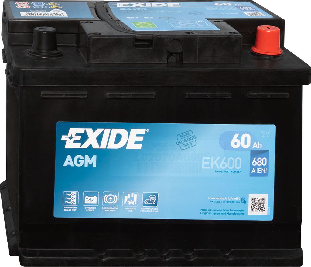 EXIDE Stop & Start AGM startaccu, 12V, 60Ah, 680A/EN, type Productafbeelding 