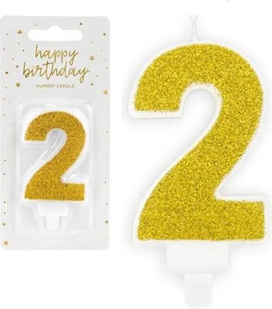 Geburtstagskerze Zahl 2 mit Glitzer 7cm gold Produktbild 
