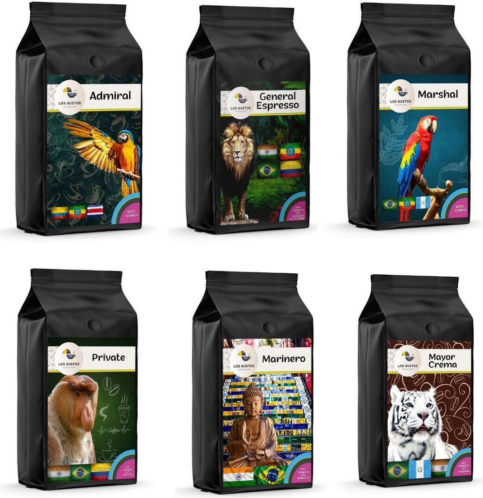 Los Gustos Kaffee Ganze Bohne Set 6x250 g - Kaffeebohnen, Ganze Bohnen, Frisch Geröstet