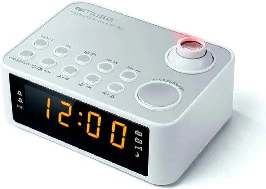 Réveil-radio blanc à intensité réglable et affichage LCD de l'heure