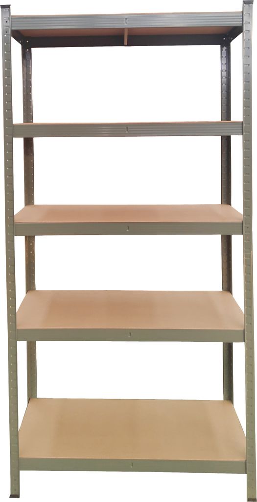 A metal shelving unit with wooden shelves against a white background.