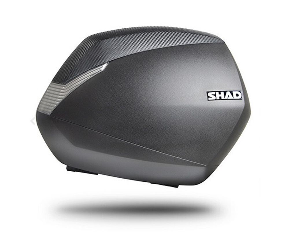 A single motorcycle side case with a carbon fiber look top, presented against a white background.