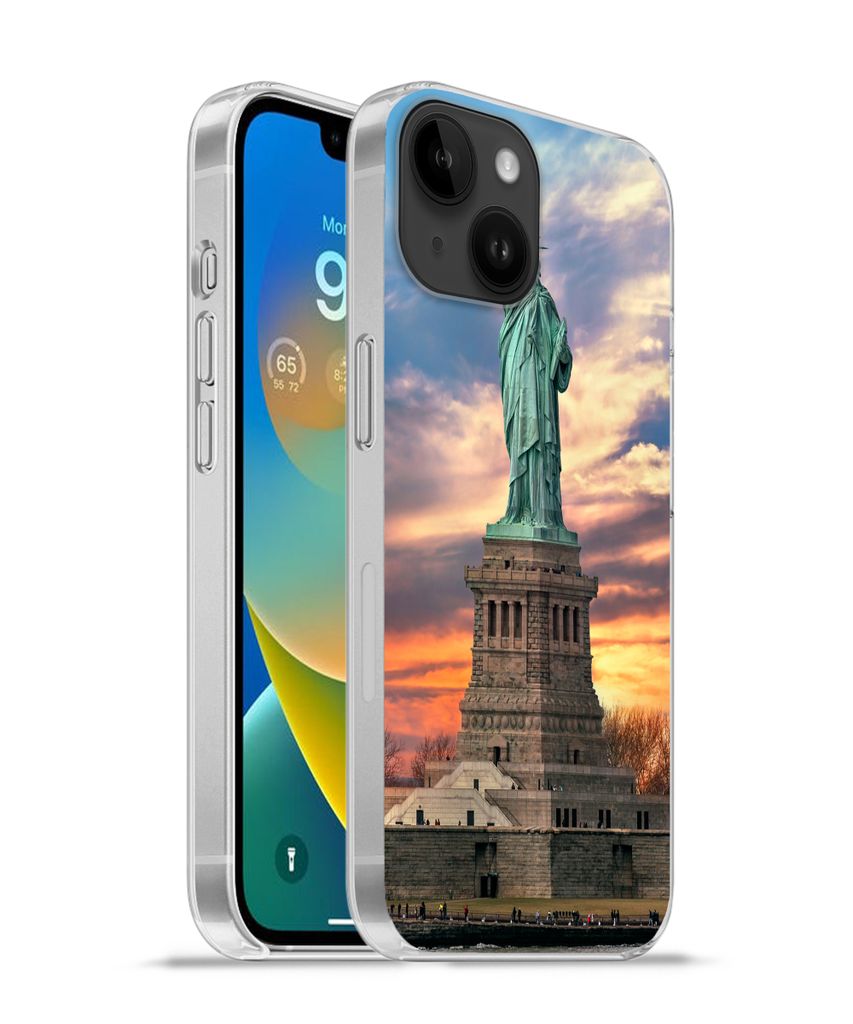 MuchoWow Handyhülle Schutzhülle Hülle für Apple iPhone 14 - Softcase Freiheitsstatue in New York bei Sonnenuntergang Silikon Softcase Handy H...