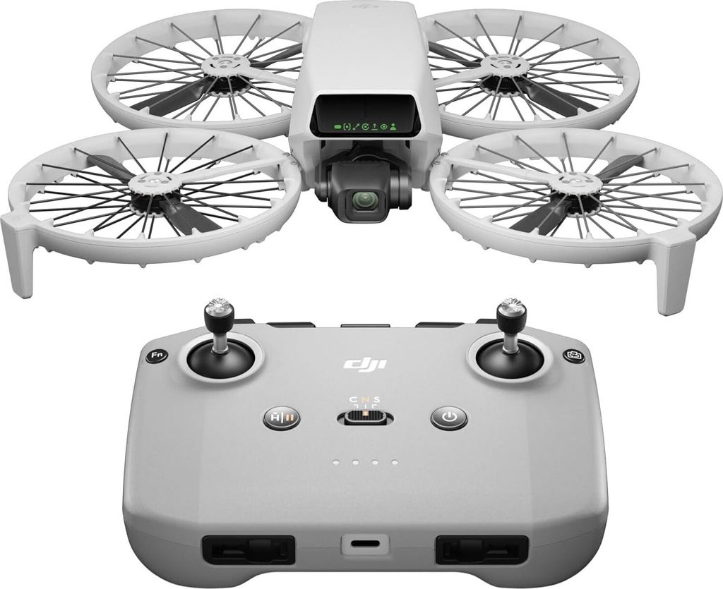 A white drone and its remote control are displayed against a white background.