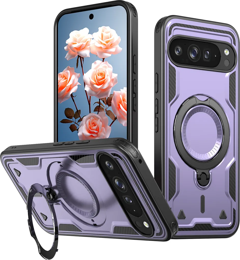 Custodia a doppio strato per Google Pixel 10 Pro XL, custodia protettiva militare magnetica con anello e supporto in metallo Viola