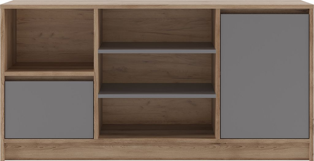 A front view of a two-door sideboard with open shelves.