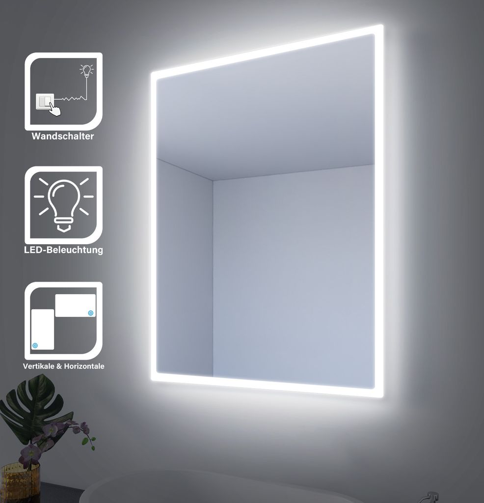 A lit mirror in a bathroom setting, with icons highlighting features.