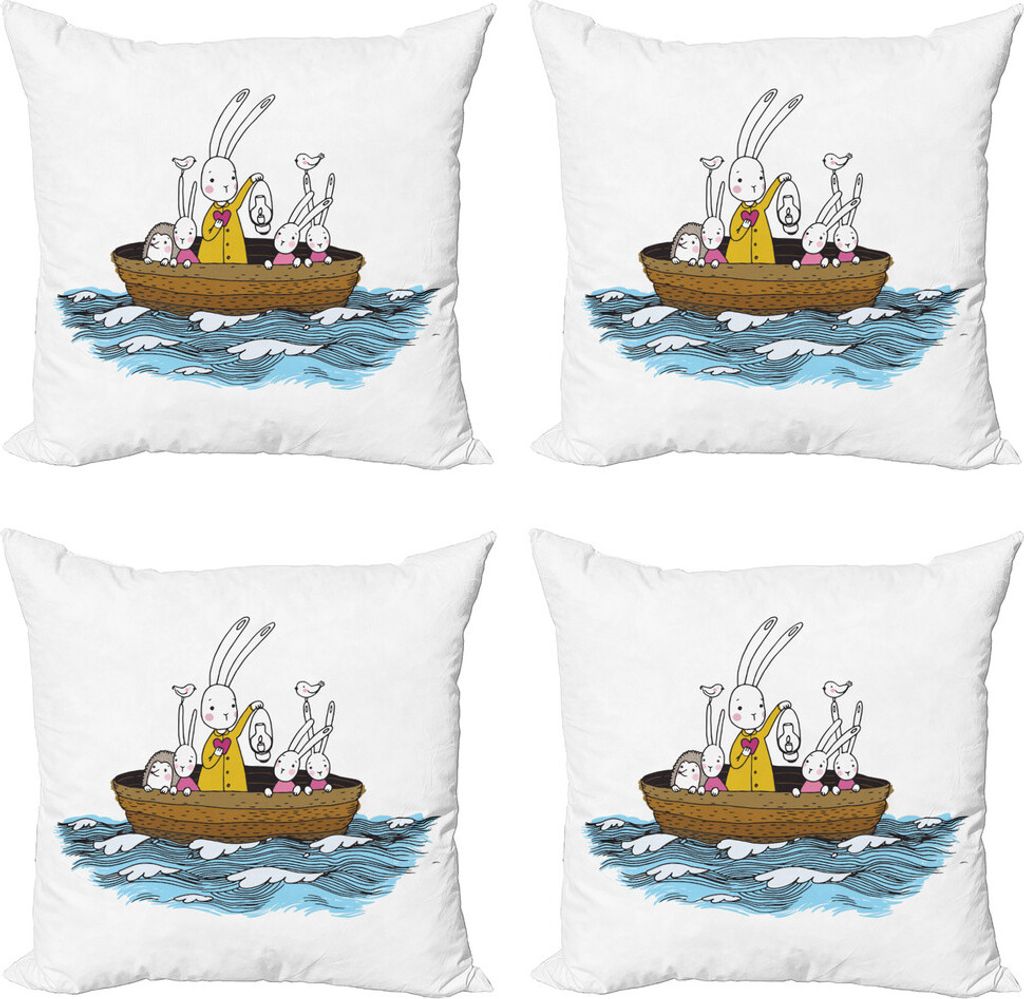 ABAKUHAUS Tier Kissenbezug Set (4 Stück), Cartoon Hares Hedgehog, Moderner Doppelseitiger Digitaldruck, 50 cm x 50 cm, Mehrfarbig