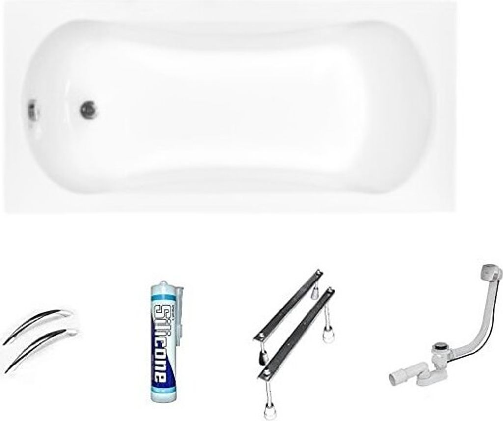 ECOLAM Badewanne Rechteck Acryl AR-Besco weiß 160x70 cm + 2 Handgriffe + Ablaufgarnitur Ab- und Überlauf Automatik Füße Silikon
