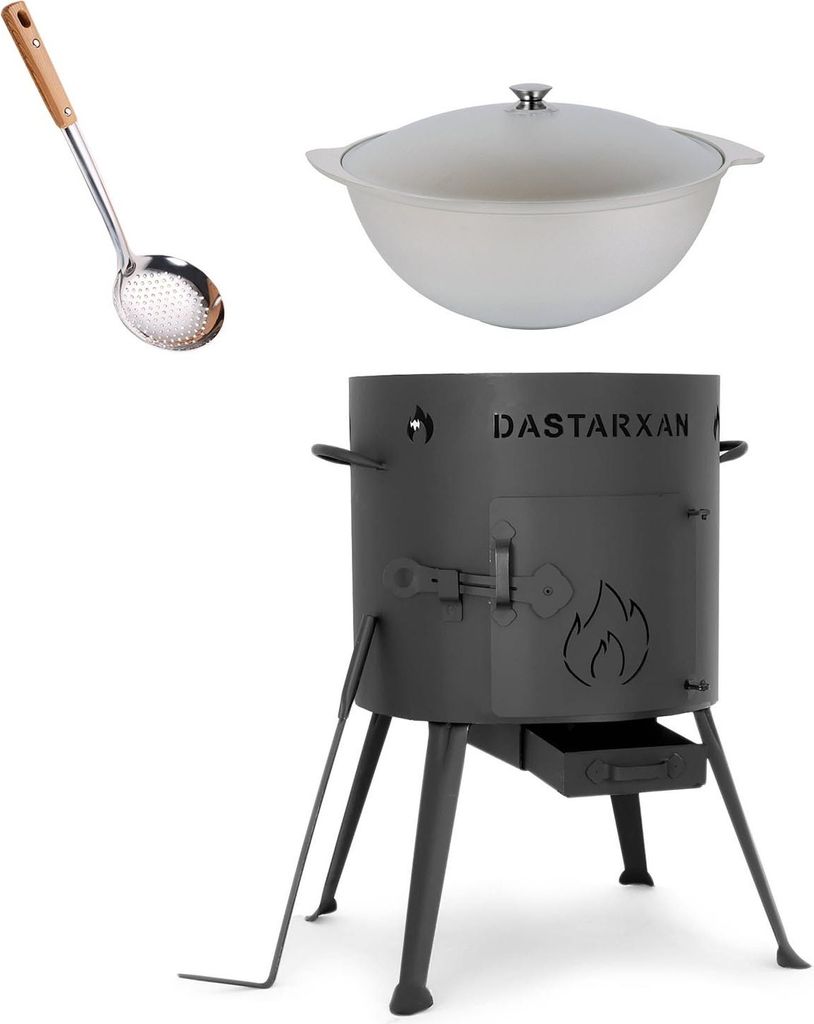 Set Utschak, 37 cm + 9 Liter Kasan Kazan aus ALU + Schaumlöffel/Feldküche Gulasch-Kessel Feuer-Ofen Outdoor
