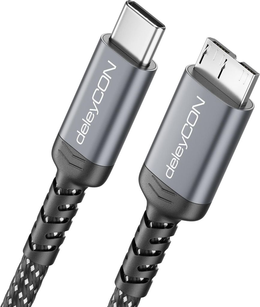 deleyCON 3,0m USB 3.0 Micro B Kabel 5Gbps - USB C auf Micro B USB Stecker - Nylon Datenkabel für Externe Festplatte HDD SSD Festplattengehäuse - ...