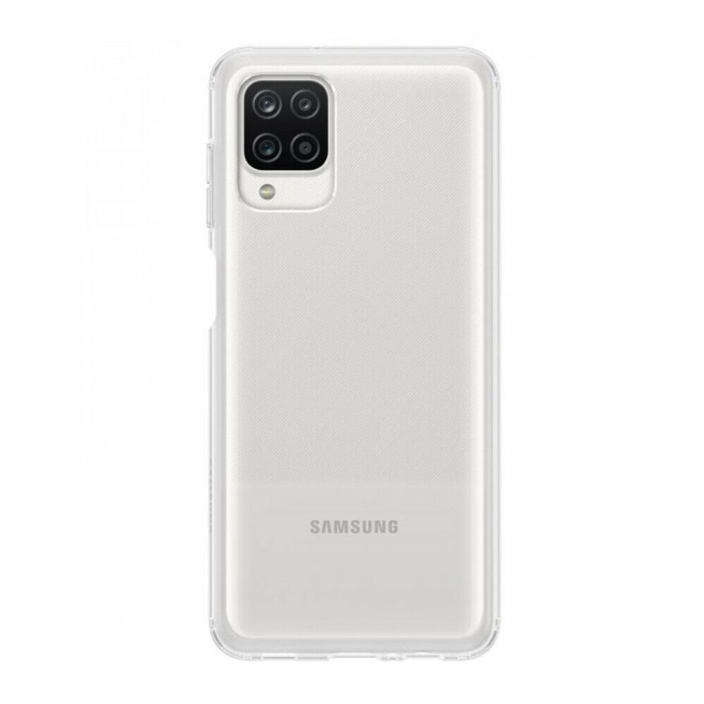 A clear, professional studio shot of the back of a transparent phone case with a white phone inside.