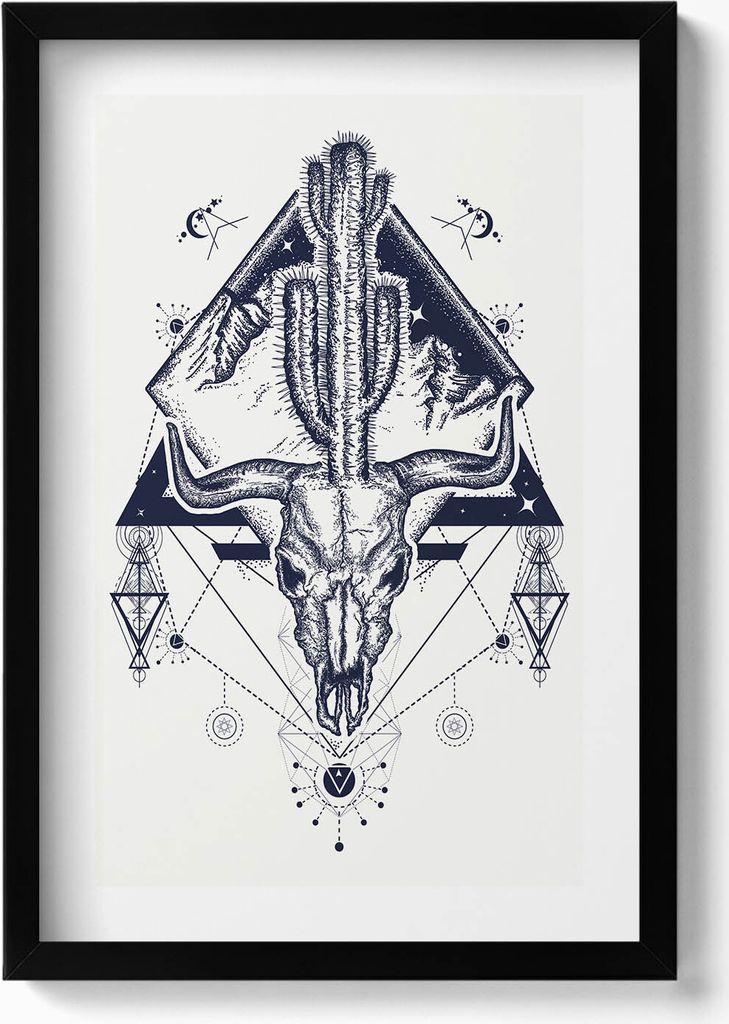 Geometrisches Tierschädelmuster– Wandbild mit Rahmen – Gerahmtes Bild – Wanddekoration – 40x60 cm – Schwarz
