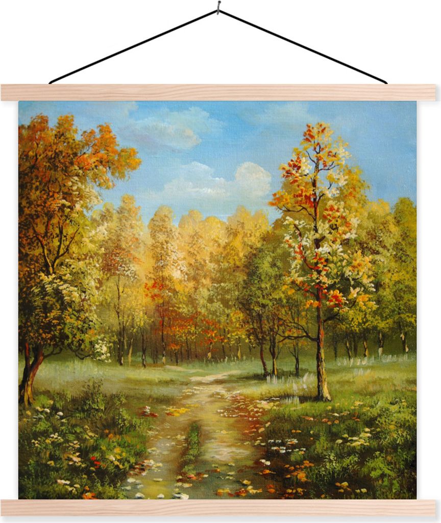 MuchoWow Textilposter Eine Illustration von herbstlichen Bäumen in einem Wald 60x60 cm mit holzfarbenen Rahmen - Wanddekoration