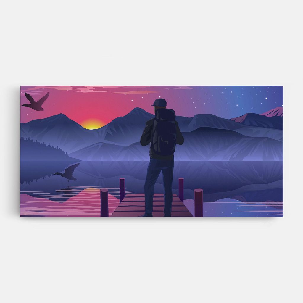 ARTHUB Leinwandbild 40x80 cm, Lake Pink Night | Wohnzimmerdekoration, Hängende Bilder, Wanddekoration, Heimdekoration, Landschaften, Seen