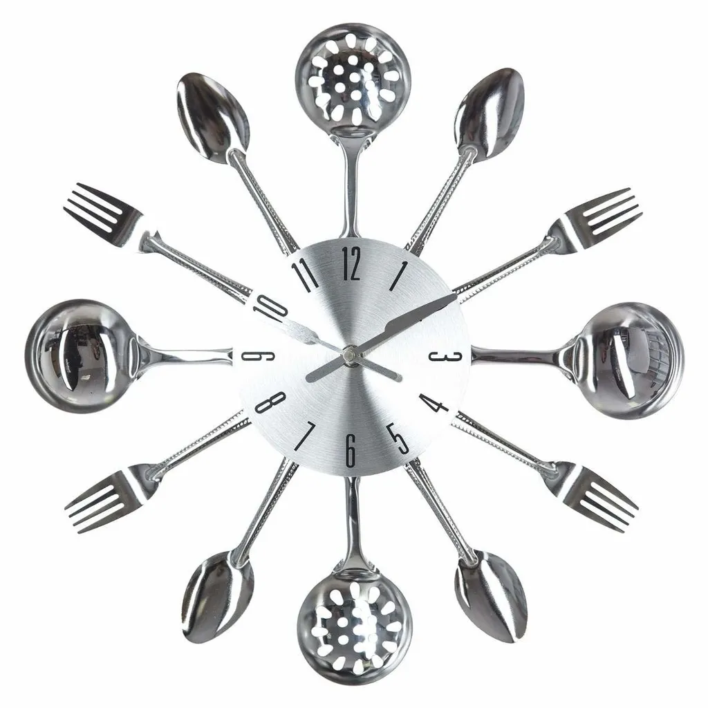 Horloge de cuisine design Couverts en métal argenté 38 cm de diamètre