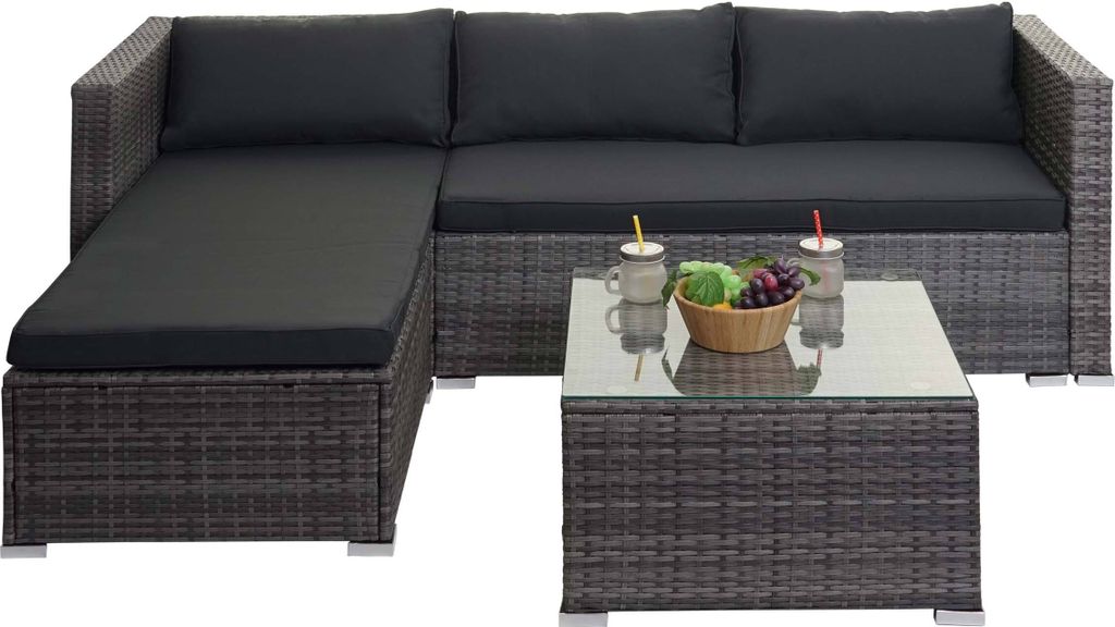 Poly-Rattan Garnitur MCW-F57, Balkon-/Garten-/Lounge-Set Sofa Sitzgruppe grau, Kissen dunkelgrau ohne Deko-Kissen