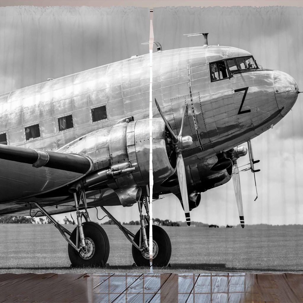 ARANDE Weinlese-Flugzeug Gardine, Graustufiges Nostalgisches Foto von Propeller Flugzeug Luftfahrzeug, 280 x 175 cm, Grau schwarz