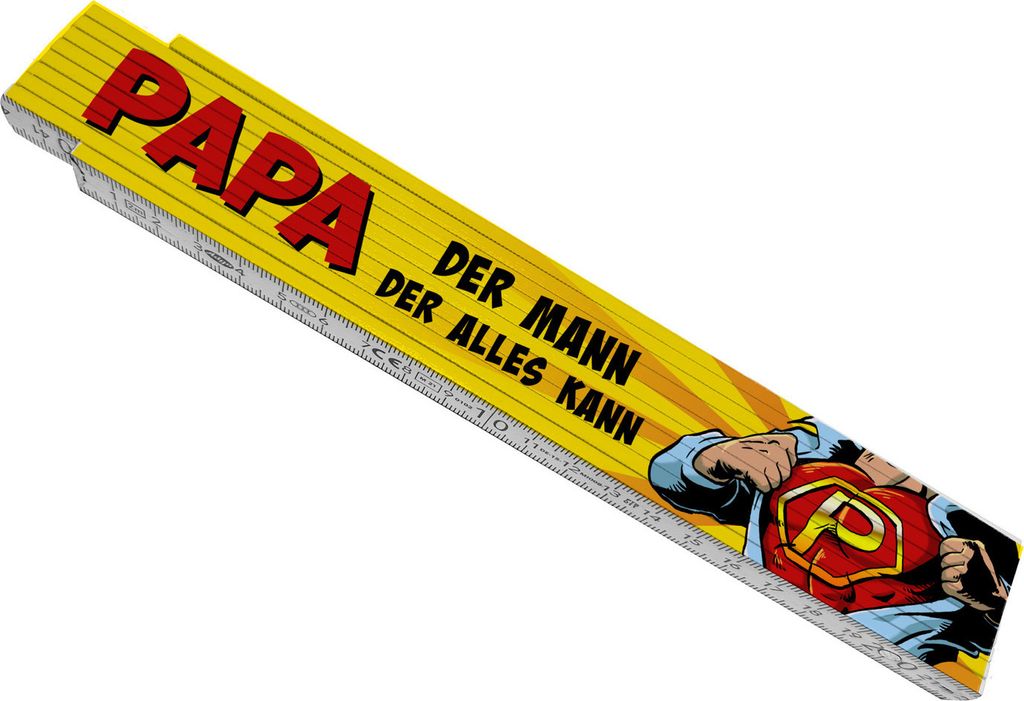 Meterstab aus Holz mit Superhelden-Design und Spruch - Papa Der Mann der alles