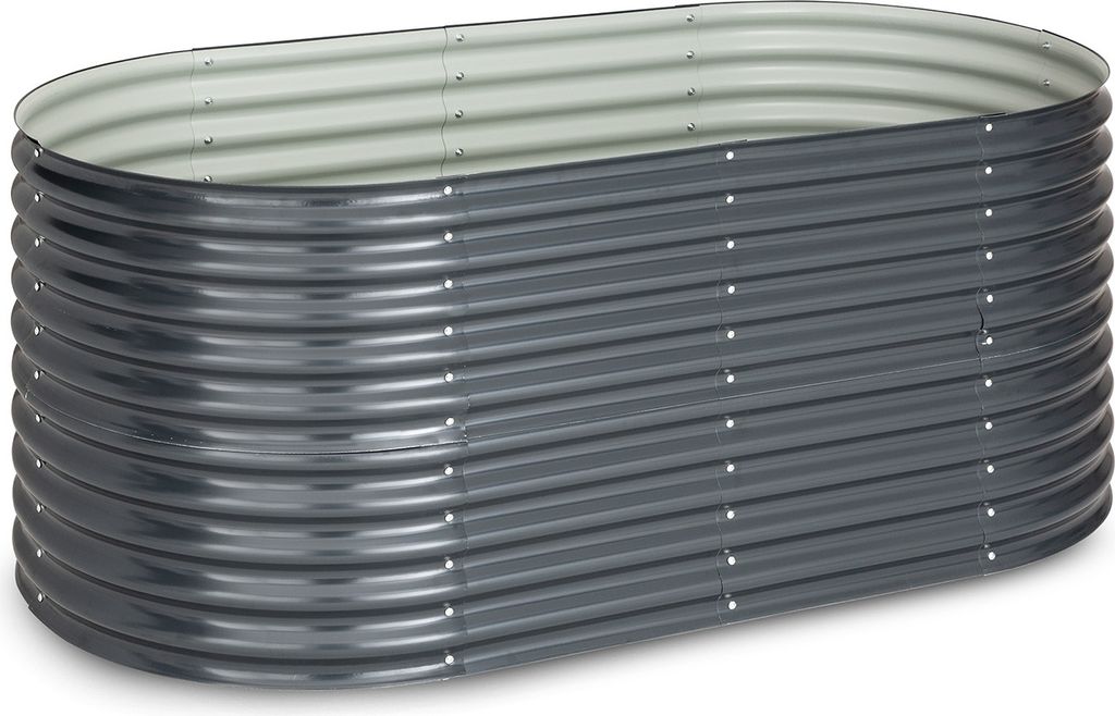A gray, oval-shaped raised garden bed made of corrugated metal.