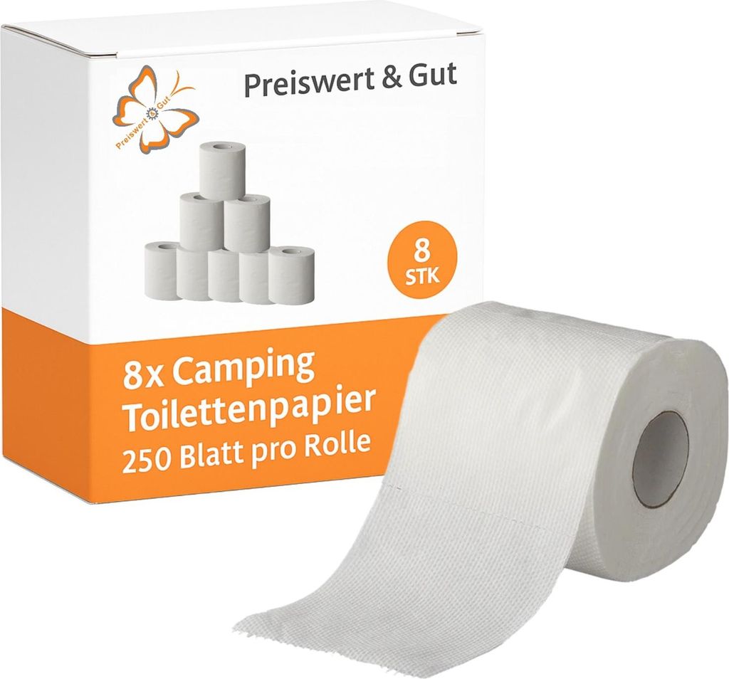 8x Camping Toilettenpapier – 2-lagiges, selbst auflösendes Klopapier für Campingtoiletten 250 Blatt pro Rolle Toilette