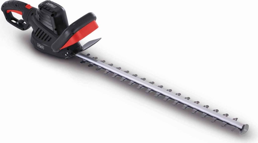 A black and red electric hedge trimmer is shown against a white background.