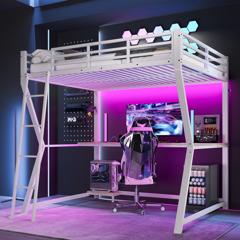 Hochbett 140x200 cm mit Schreibtisch LED Metallbett mit Treppe & Steckdose Jugendbett Arbeitsplatz Loft Bed ohne Matratze Weiß